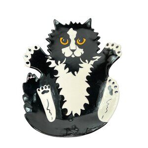 Cats by Nina Lyman Black White Ceramic Plate Platter Orange Eyes Laying on Back